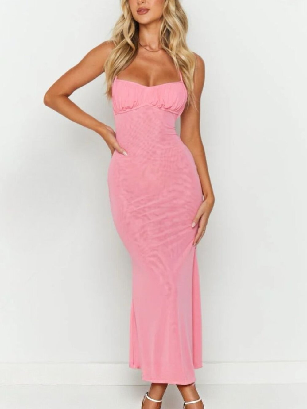 Pink Mesh Backless Maxi Dress Ruched Bust Open Back Size S